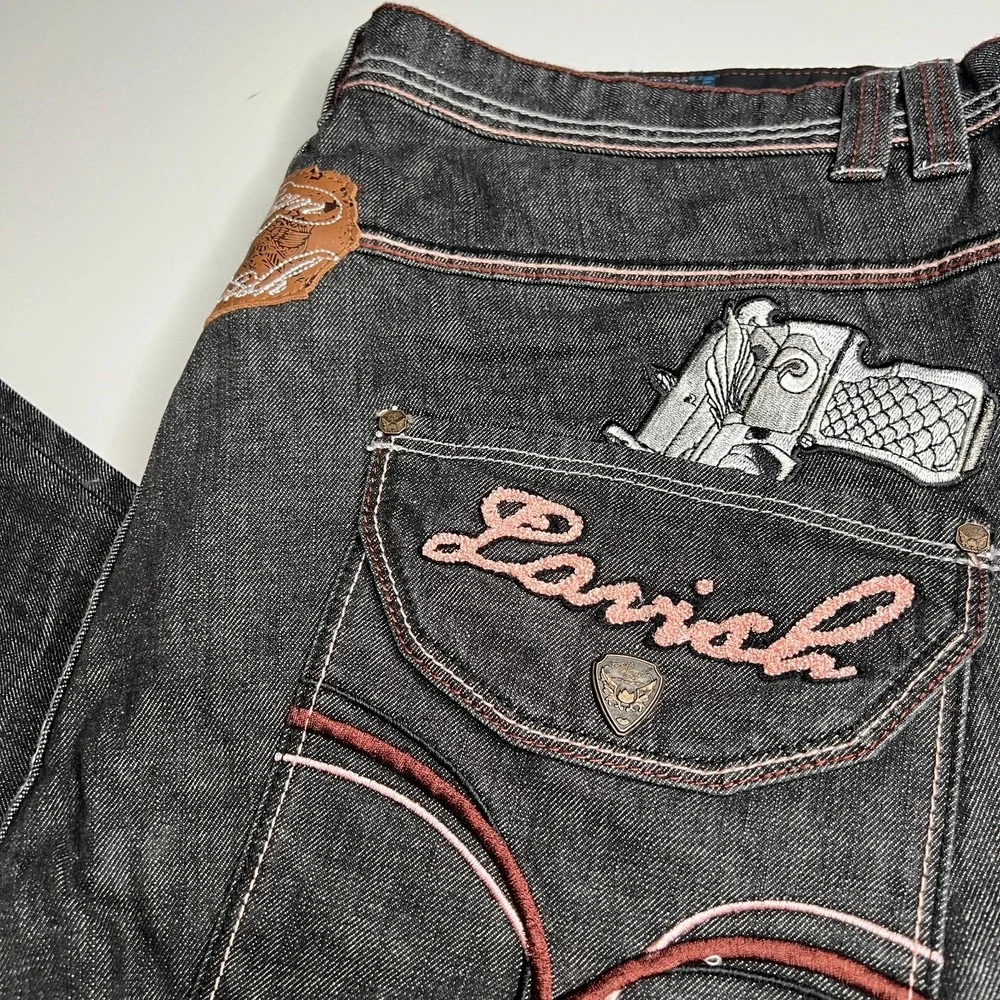 Foreign Lavish Mens 44 Dark Wash Baggy Denim Jeans Gun Embroidery Y2K Streetwear